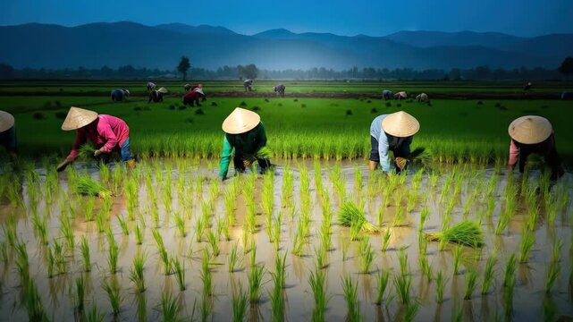 Farmers working in rice fields at dusk, planting crops, rural life.