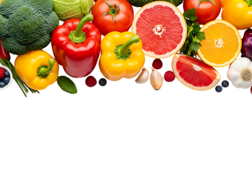 Assortment of fresh, colorful fruits and vegetables including bell pepper, broccoli, tomato, citrus slice, and garlic isolated on transparent background - Powered by Adobe