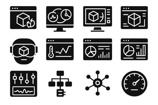 Twin vector icon digital system gauge icons workflow dashboard hub sensor simulation
