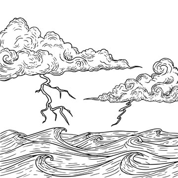 Hand drawn sketch of stormy sea with lightning and dark cloud