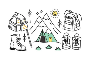 Fototapeta premium Mountain Adventure Doodles with Tent Backpacks and Boots