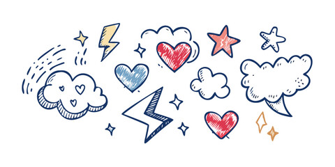 Muted Vintage Doodle Elements Hearts Stars Clouds Lightning 1