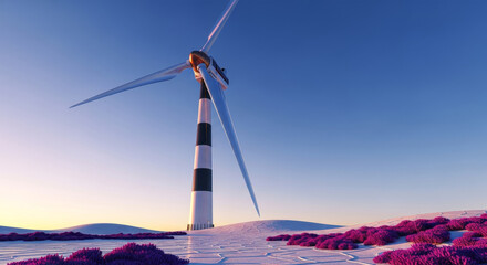 A solitary wind turbine with black and white stripes stands tall against a clear blue sky at sunset or sunrise, surrounded by snowy ground and vibrant purple vegetation