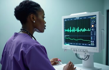 African American female doctor analyzes patient data on a medical monitor. Focused physician examines heart rate graph on screen, working in bright clinic.