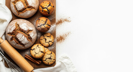 Overhead view of freshly baked rustic sourdough bread loaves and small muffins arranged on a wooden board with cinnamon and a rolling pin, isolated on white background