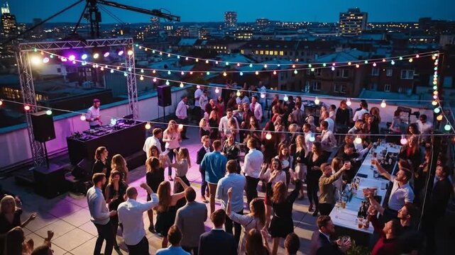 Rooftop Party Celebration with DJ and Dancing Under String Lights.