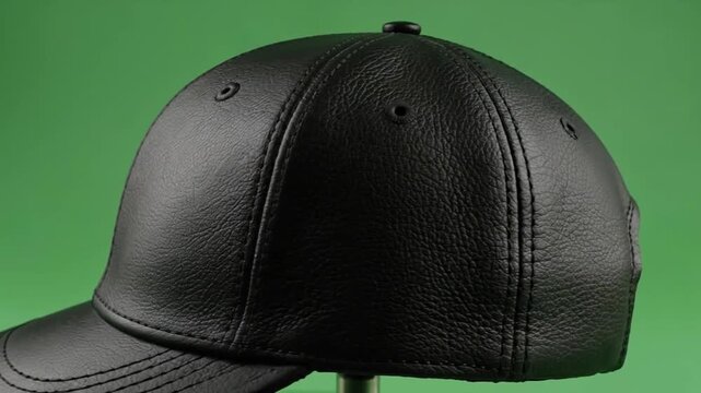 Rotating Black Leather Baseball Cap Isolated on a Green Screen Background.