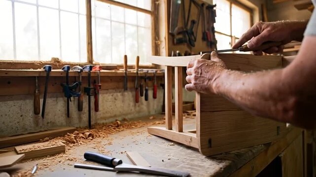 Close-up of a carpenter crafting a wooden chair in his workshop.