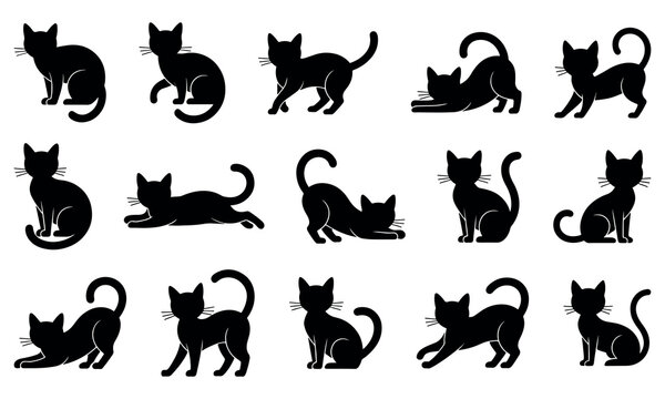 Silhouette cat collection featuring various sitting, walking, stretching, and playful poses, perfect for pet-themed designs, pattern sets, decorative artwork, and cute minimalist black cat