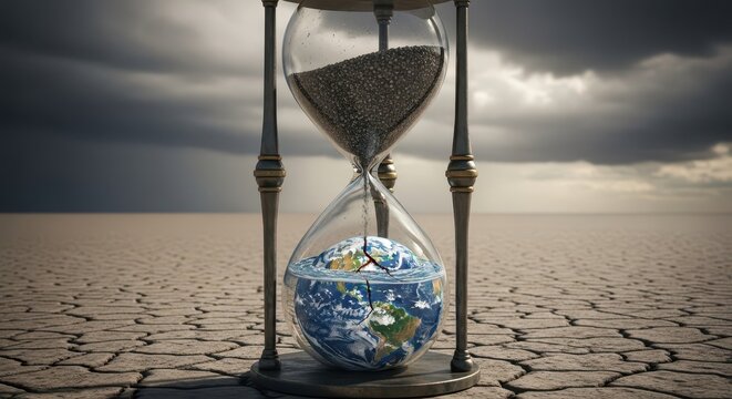 Antique hourglass contains the fragile planet under a stormy, desolate sky