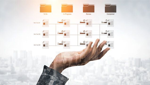 Task workflow system showing document progress through stages. Task tracking improves productivity, ensures visibility, task tracking supports planning, and task tracking manages status. Vouch