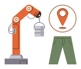 Robotic arm lifting an object beside location marker and green pants. Ideal for technology, automation, robotics, garment production, logistics, location tracking industry 4.0. Simple flat metaphor