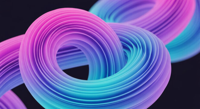 Abstract 3d render of a vibrant, colorful, intertwined, flowing tube or ribbon with a gradient of pink, purple, and blue colors against a dark background