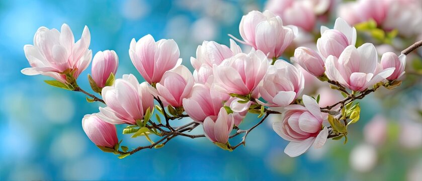 Magnolia flowers blooming in spring light, showcasing pink buds on a branch under a bright blue sky with soft blurred background