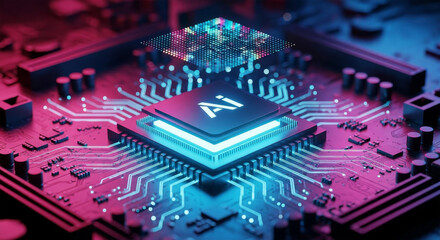 Futuristic glowing microchip with ai inscription on a circuit board, representing artificial intelligence and advanced technology concept