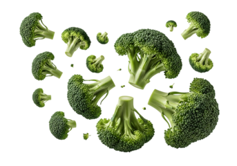 Various fresh broccoli florets floating and scattered against a pure transparent background, showcasing their vibrant green color and texture