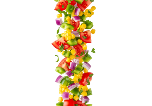 Freshly chopped vegetable mix including tomato, onion, pepper, and corn falling vertically isolated on transparent background