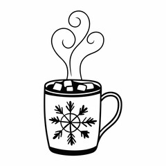 Cozy hot drink in a snowflake mug with marshmallows and steam