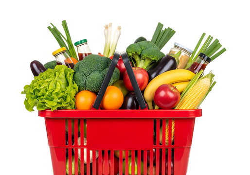 A vibrant red shopping basket overflowing with a variety of fresh, colorful fruits and vegetables, isolated on transparent background - Powered by Adobe