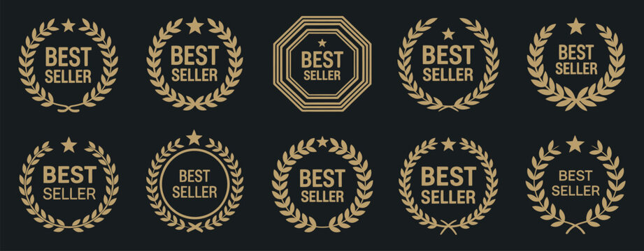 best seller emblem with laurel wreath, featuring award badges, premium labels, and recognition symbols, ideal for product promotion, brand highlights, marketing materials, and high-quality 