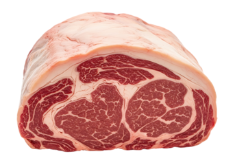 Cross section of a raw prime rib roast showing excellent marbling and fat cap, isolated on transparent background
