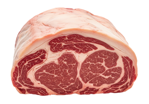 Cross section of a raw prime rib roast showing excellent marbling and fat cap, isolated on transparent background