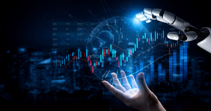 A robotic hand reaching toward a holographic data display illustrates modern stock market trends and financial analytics, symbolizing the future of trading technology and innovation. Scalp - Powered by Adobe