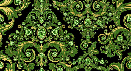 Ornate pattern featuring green gemstones and gold foliage on a black background design element