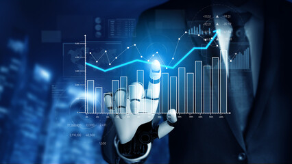 A businessman in a suit is using a digital touchscreen with a robotic hand. The image highlights futuristic technology and data analytics with dynamic graphs, symbolizing growth. Scalp