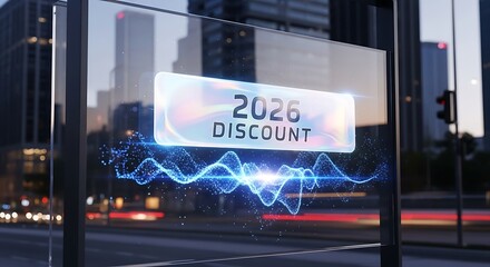 Unlock future savings with this cutting-edge 2026 discount promotion, presented on a transparent screen with vibrant digital effects in a modern city