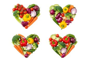 Four heart shapes composed entirely of fresh, colorful vegetables arranged against a stark transparent background for a healthy eating concept