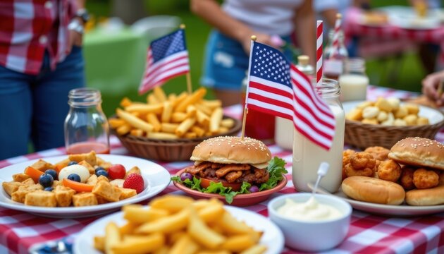 Labor day celebration feast with burgers fries and flags park picnic food photography outdoor atmosphere