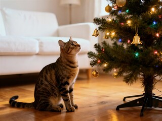 A tabby cat sits focused on the festive golden bells hanging from a brightly lit and decorated Christmas tree in a home living room.