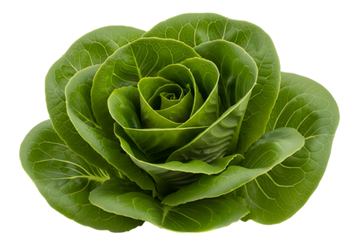 A vibrant, fresh head of butter lettuce arranged beautifully like a blooming rose, isolated on transparent background