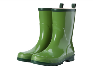 A pair of green rubber boots on a transparent background