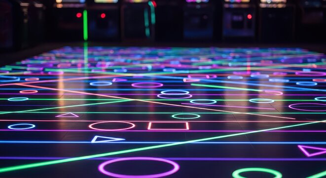 Illuminated floor features vibrant neon geometric patterns in a dark entertainment setting - Powered by Adobe