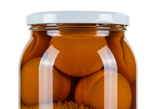 Closeup view of a glass jar filled with preserved whole peaches submerged in syrup, sealed with a white metal lid, isolated on transparent background
