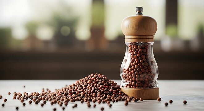 A classic wooden pepper grinder filled with whole peppercorns, with a pile of the spice scattered on a rustic kitchen tabletop