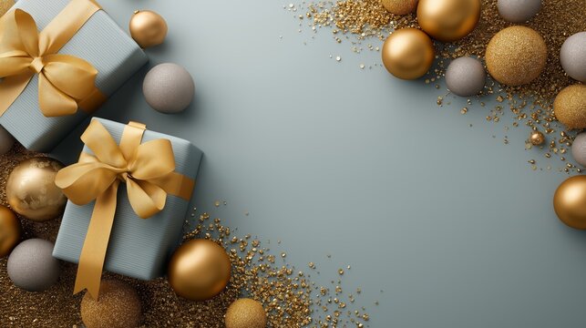 A Christmas scene with two boxes and many gold and silver balls. The boxes are wrapped in gold ribbons and the balls are scattered around them. The scene is festive and joyful, with the gold