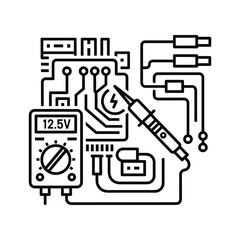 Electronic circuit board with multimeter and soldering iron icon