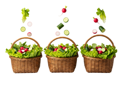 Three wicker baskets filled with fresh green lettuce and various vegetables falling into them, isolated on transparent background