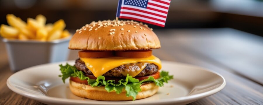 Juicy cheeseburger with american flag restaurant food photography indoor dining close-up american cuisine