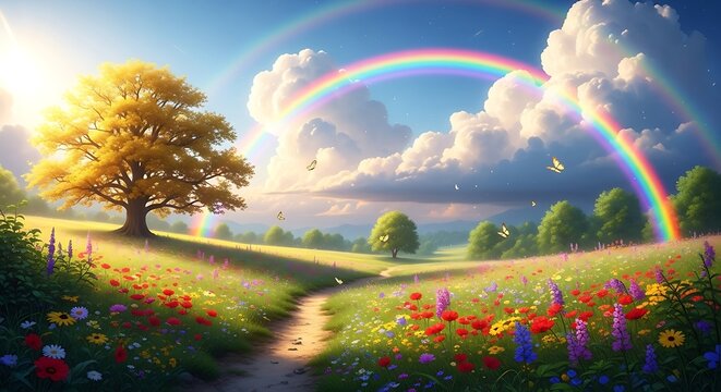 A serene and vibrant meadow of colorful wildflowers with a golden tree under a majestic double rainbow in a sunlit sky