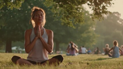 Woman gracefully practicing yoga in a serene park during golden hour, surrounded by nature and fellow practitioners focusing on mindfulness and relaxation - Powered by Adobe