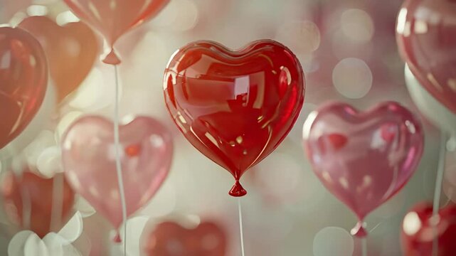 A central glossy red heart-shaped balloon is in focus surrounded by numerous other pink and red heart balloons against a background with soft bokeh lights