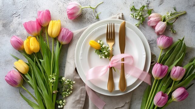 Spring table setting with golden cutlery and pink ribbon, perfect for a wedding or family dinner on a concrete background with space for text