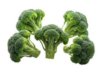 Five fresh green broccoli florets arranged in a cluster, isolated on transparent background