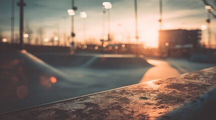 Urban skate park at sunset with warm light and blurred background details