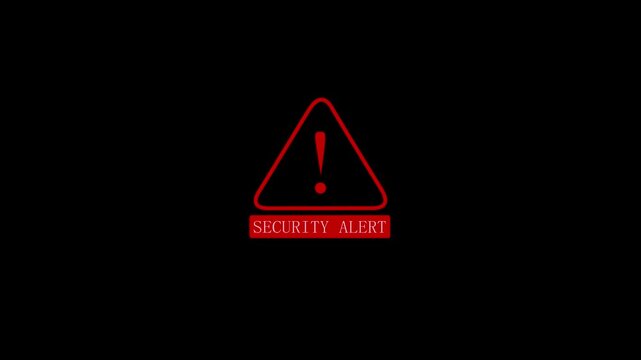 Digital security alert attention screen with red colored icon animation. showing digital scam, fraud alert and spam alert risk connected by lines on a black background.