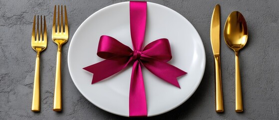 Spring table setting featuring a white plate with a pink ribbon and golden cutlery on a textured concrete background for a stylish dining experience
